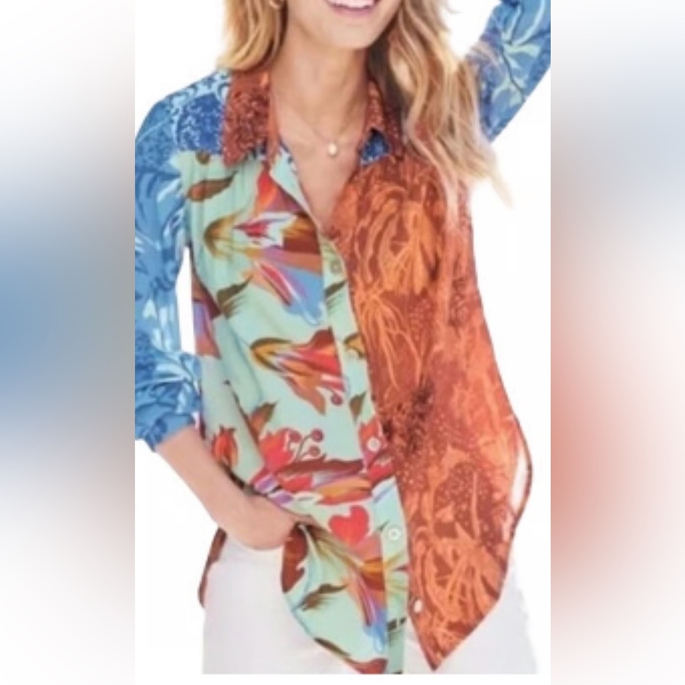 Soft Surroundings Mixed-Print Patchwork Button Front Blouse Size M Boho Artsy